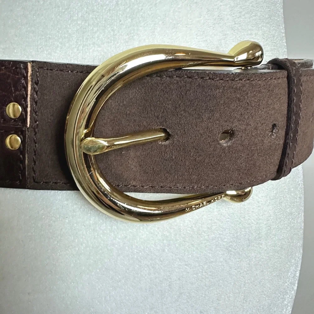 Michael‎ Kors Brown Leather Suede Patchwork Studded Waist Belt Gold Buckle Small